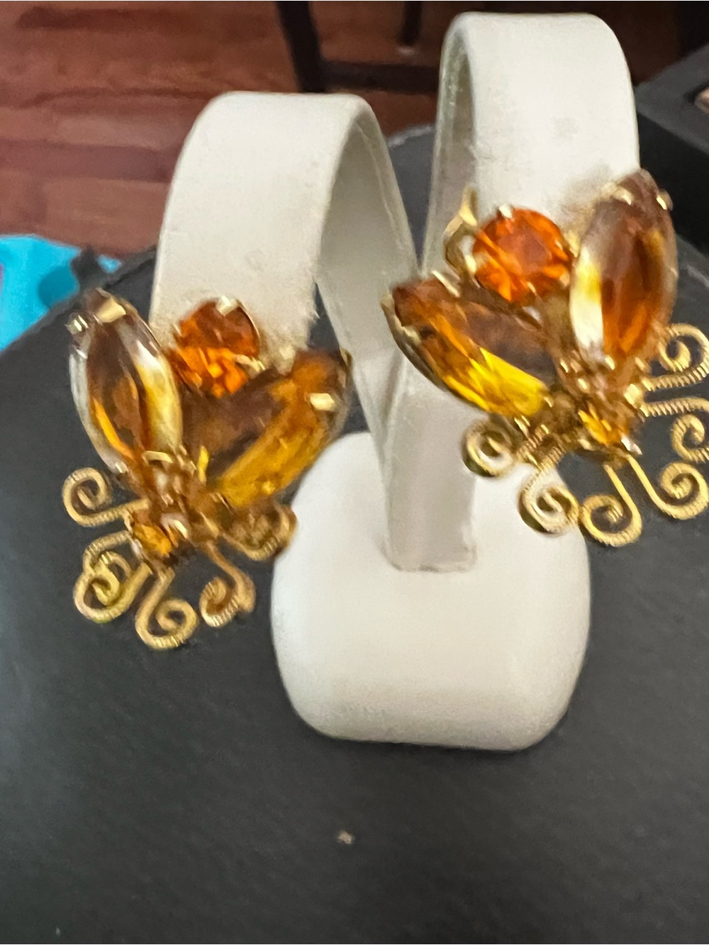 Golden Amber Crystal Floral Clip Earrings